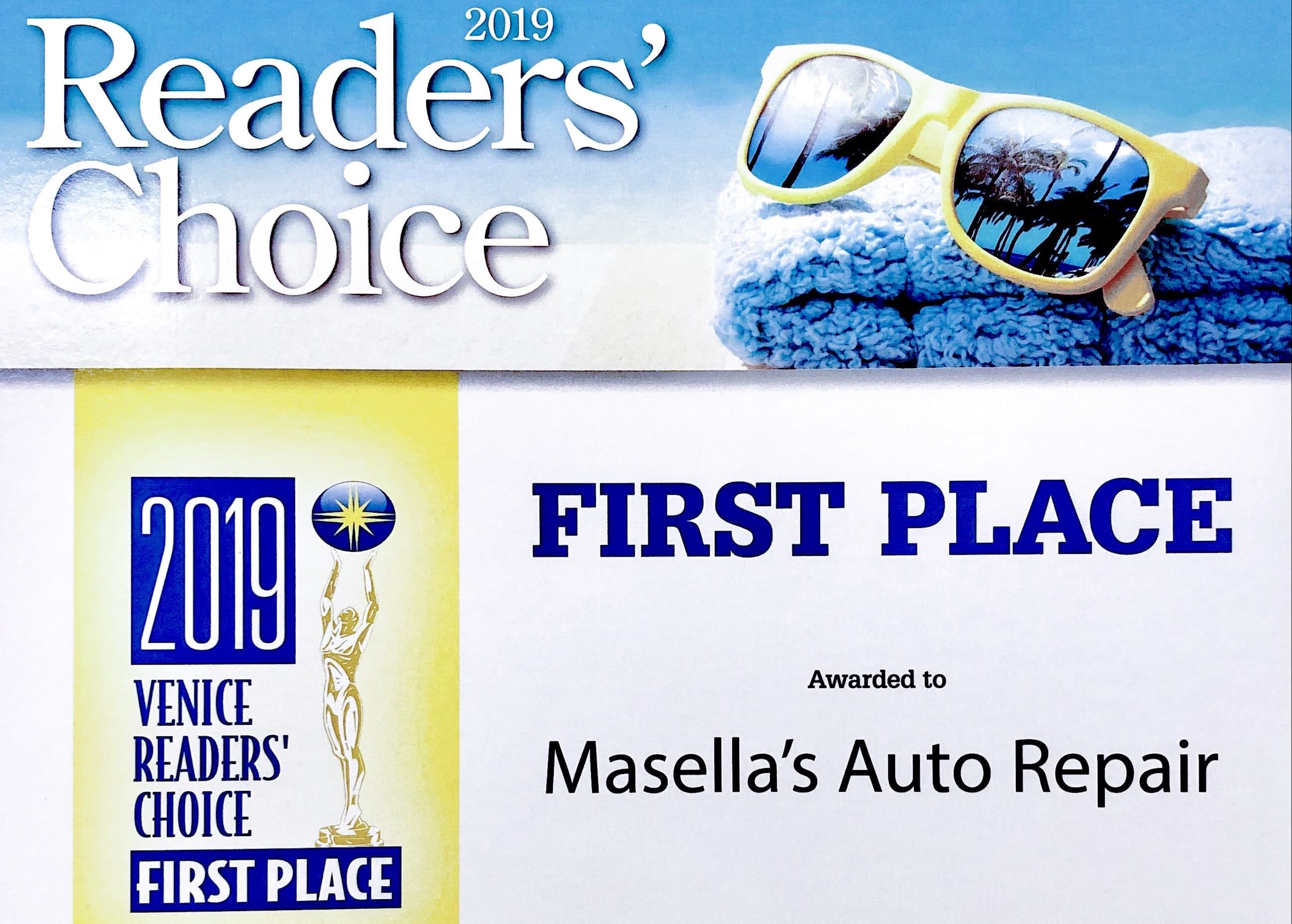 2019 Venice Readers' Choice, First Place award presented to Masella's Auto Repair